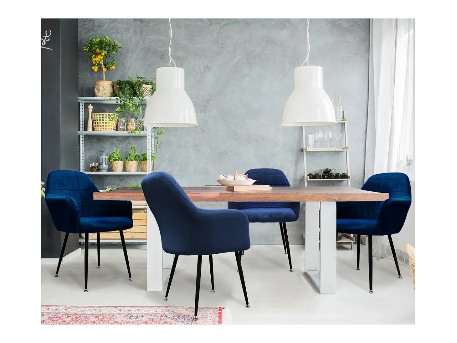 Conjunto de 4 sillas de comedor retro efecto terciopelo azul oscuro altura regulable
