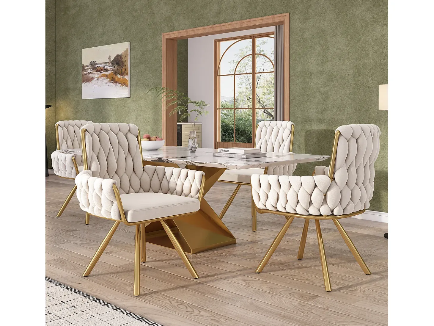 Conjunto de 6 sillas de comedor, diseño de rombos, sillón, patas de metal, color beige (L59,69 x An59,69 x Al50,8 cm)
