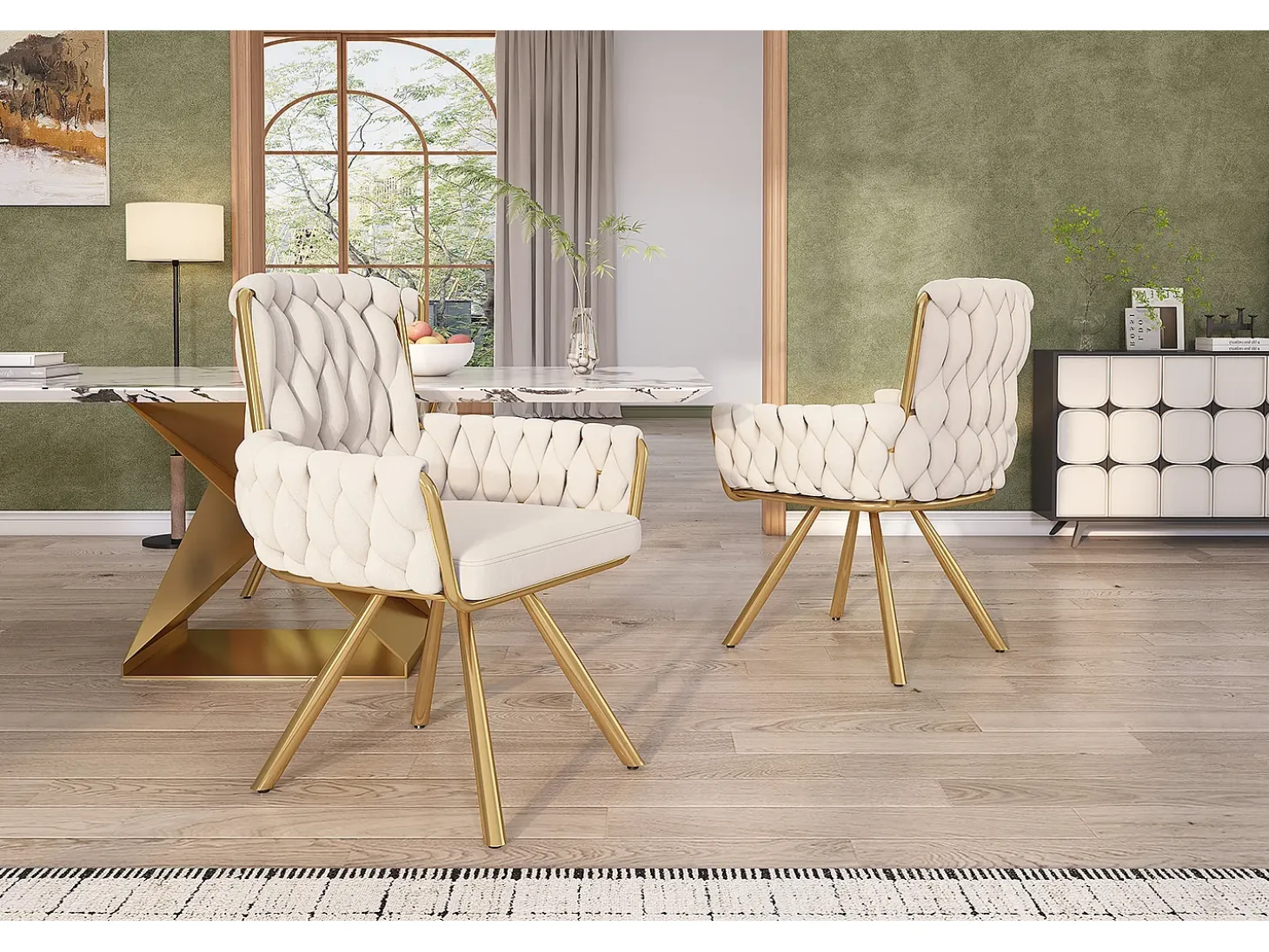 Conjunto de 6 sillas de comedor, diseño de rombos, sillón, patas de metal, color beige (L59,69 x An59,69 x Al50,8 cm)