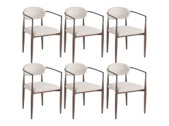 Conjunto de 6 sillas de lino beige con estructura de metal marrón.