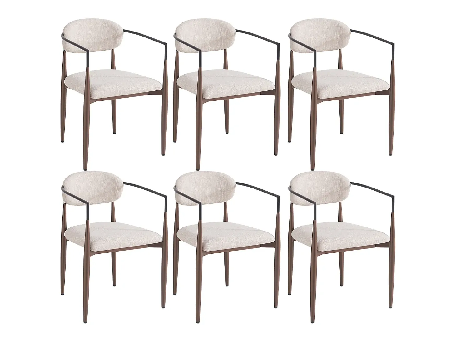 Conjunto de 6 sillas de lino beige con estructura de metal marrón.