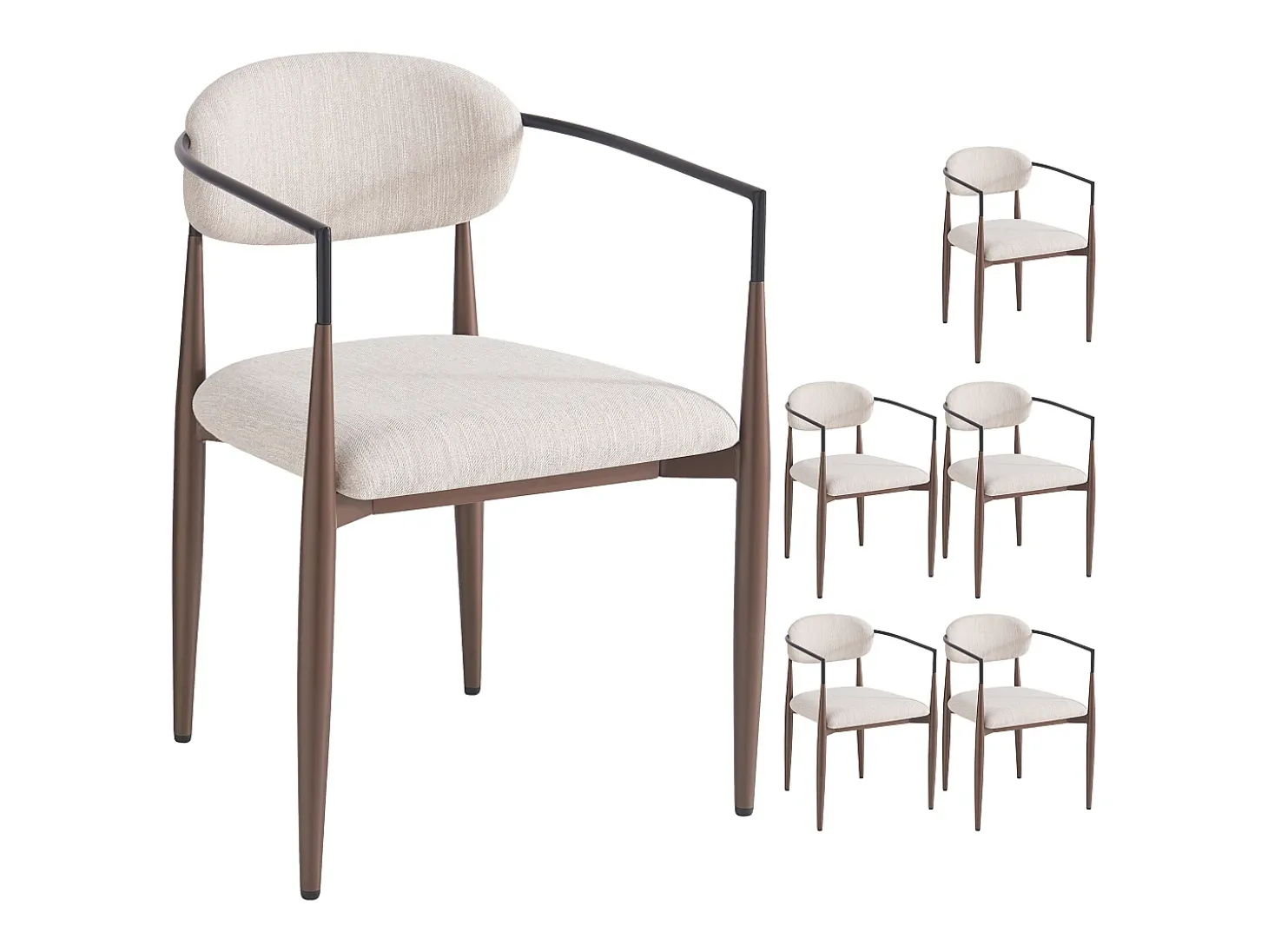 Conjunto de 6 sillas de lino beige con estructura de metal marrón.