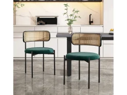 Conjunto de 2 sillas de terciopelo, respaldo de ratán y patas de metal negro - verde