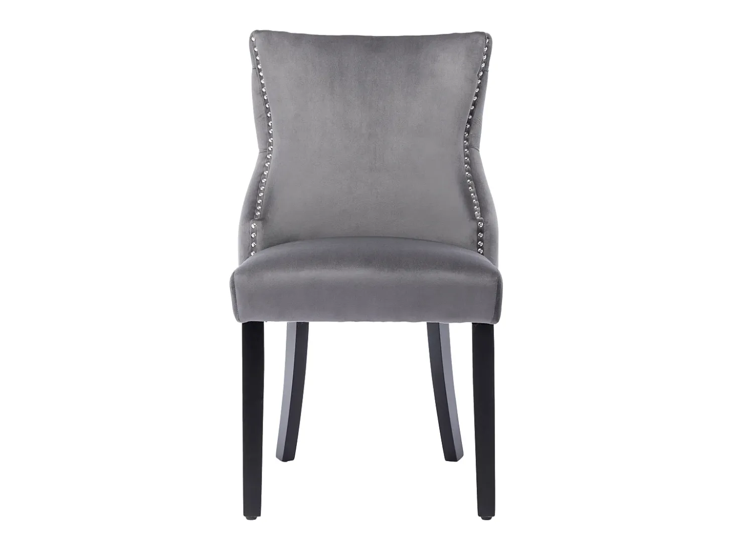 Conjunto de 6 sillas de terciopelo gris con patas de madera gris, botones decorativos y remaches plateados.