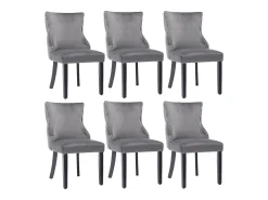 Conjunto de 6 sillas de terciopelo gris con patas de madera gris, botones decorativos y remaches plateados.