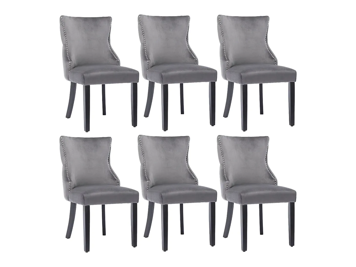 Conjunto de 6 sillas de terciopelo gris con patas de madera gris, botones decorativos y remaches plateados.
