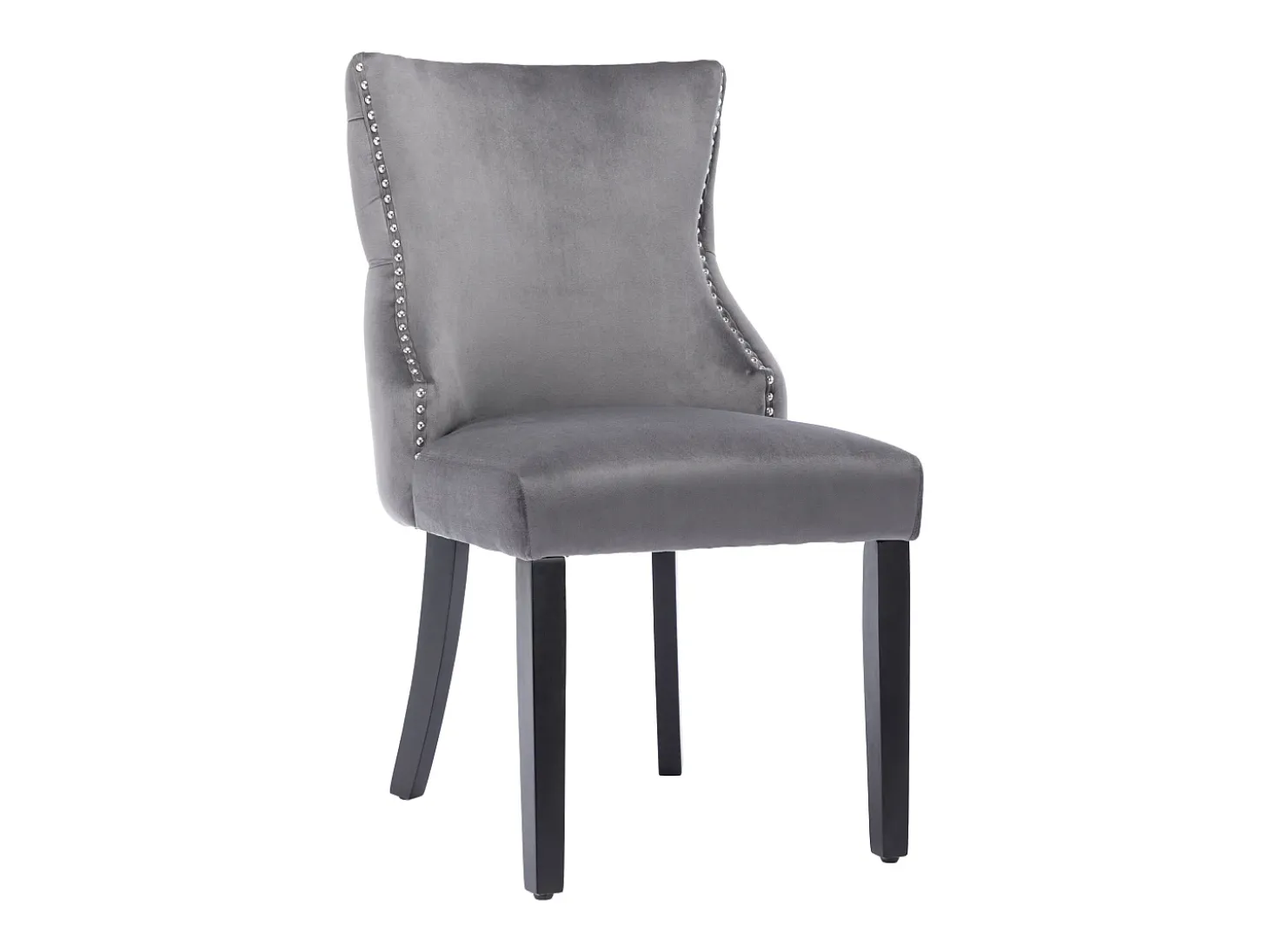 Conjunto de 6 sillas de terciopelo gris con patas de madera gris, botones decorativos y remaches plateados.