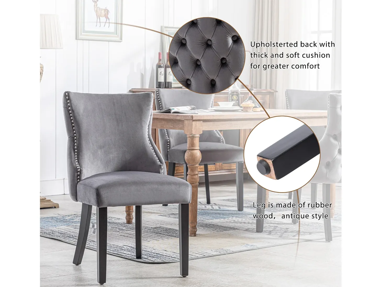 Conjunto de 4 sillas de terciopelo gris - Silla de 4 patas con costura de botones estructura de madera maciza para comedor - 91x50x49cm
