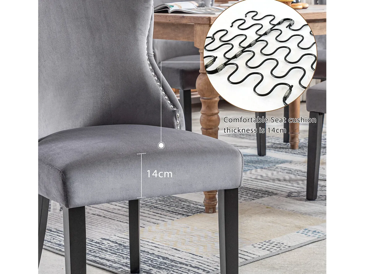 Conjunto de 4 sillas de terciopelo gris - Silla de 4 patas con costura de botones estructura de madera maciza para comedor - 91x50x49cm