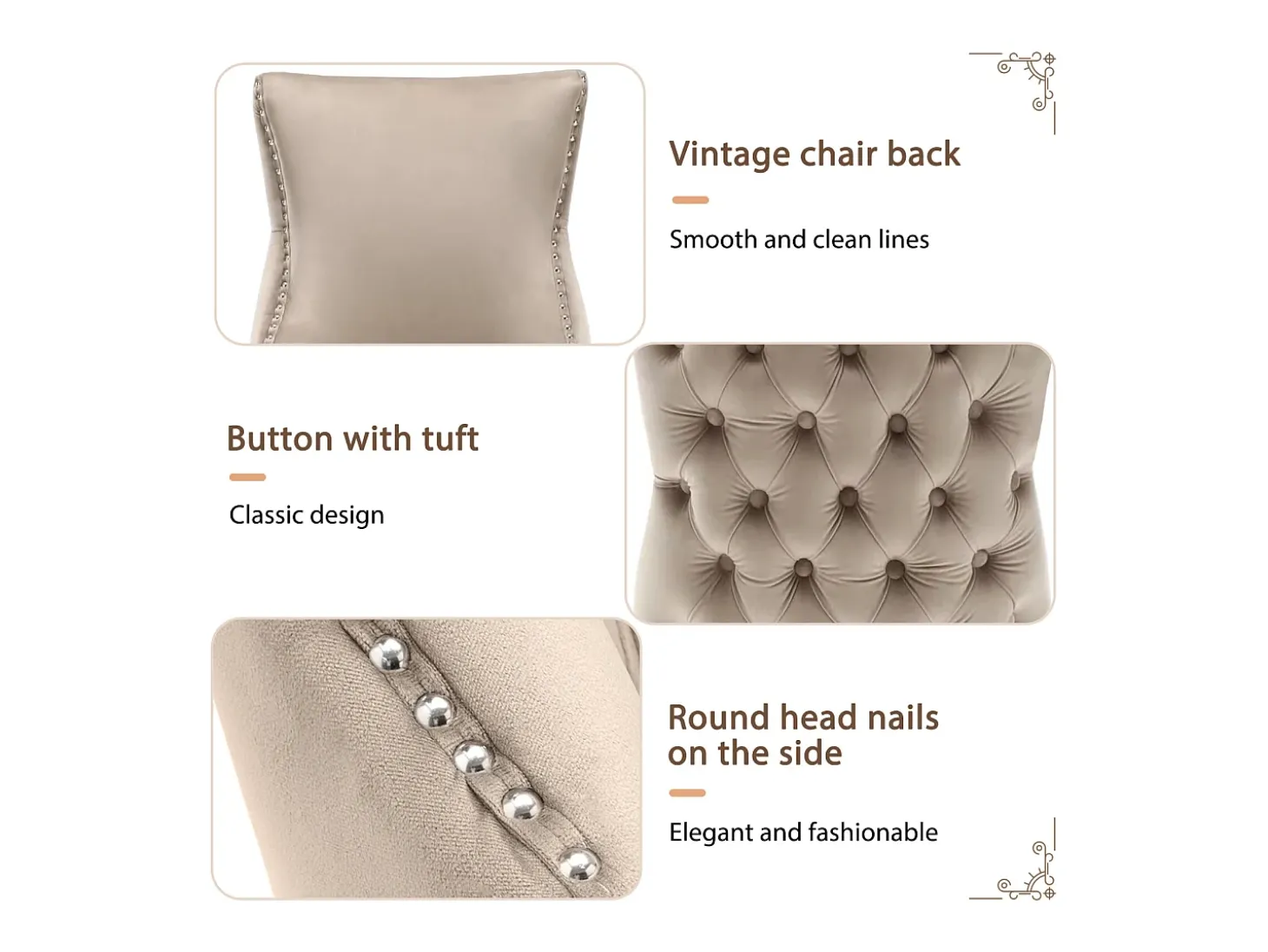 Conjunto de 6 sillas de terciopelo beige - Silla de 4 patas con costura de botones estructura de madera maciza para comedor - 91x50x49cm