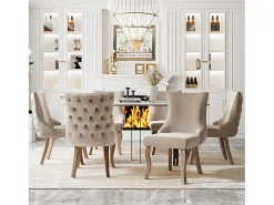 Conjunto de 6 sillas de terciopelo beige - Silla de 4 patas con costura de botones estructura de madera maciza para comedor - 91x50x49cm
