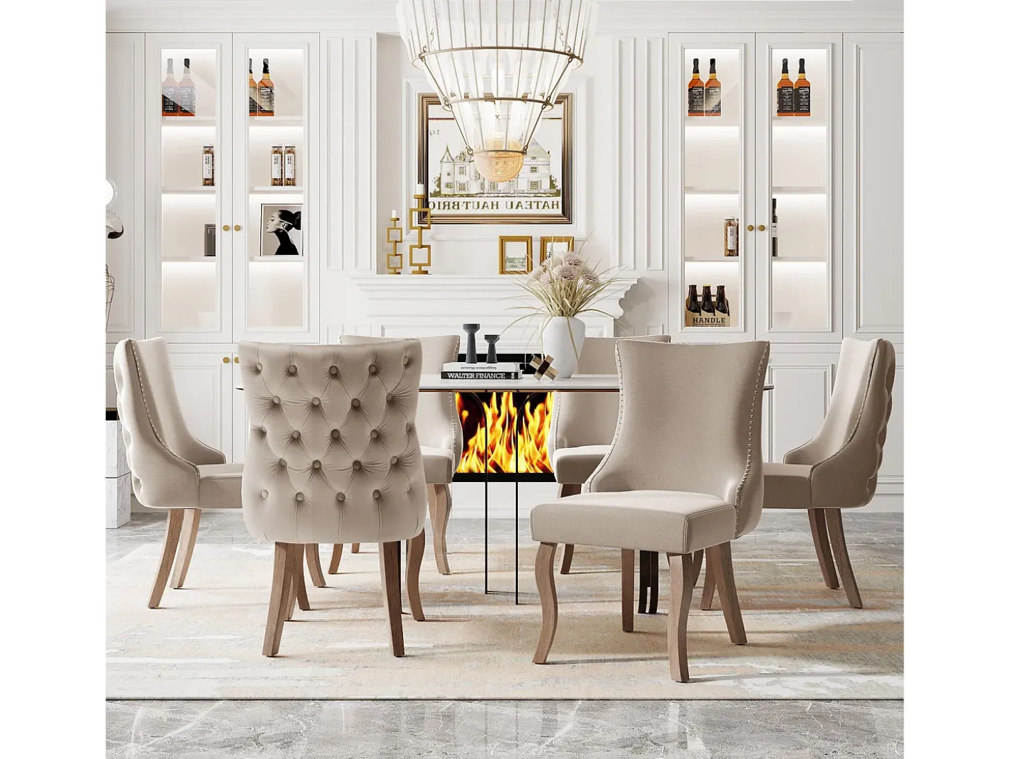 Conjunto de 6 sillas de terciopelo beige - Silla de 4 patas con costura de botones estructura de madera maciza para comedor - 91x50x49cm