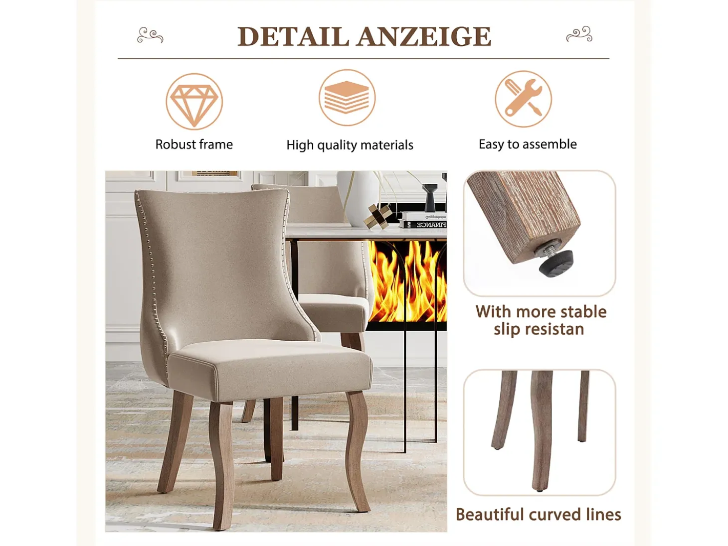 Conjunto de 6 sillas de terciopelo beige - Silla de 4 patas con costura de botones estructura de madera maciza para comedor - 91x50x49cm