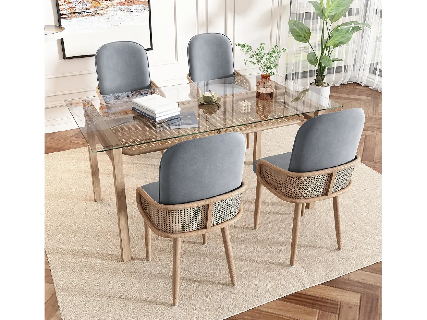 Conjunto de 6 sillas de terciopelo con patas de metal - Diseño de ratán - Gris y madera clara