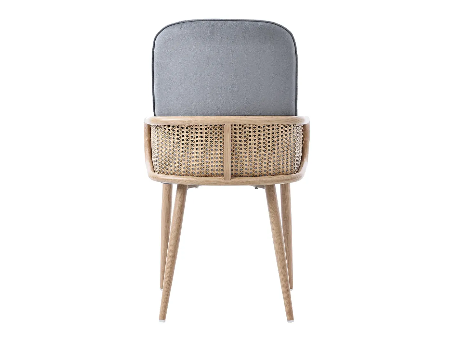 Conjunto de 6 sillas de terciopelo con patas de metal - Diseño de ratán - Gris y madera clara