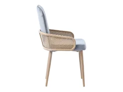 Conjunto de 6 sillas de terciopelo con patas de metal - Diseño de ratán - Gris y madera clara