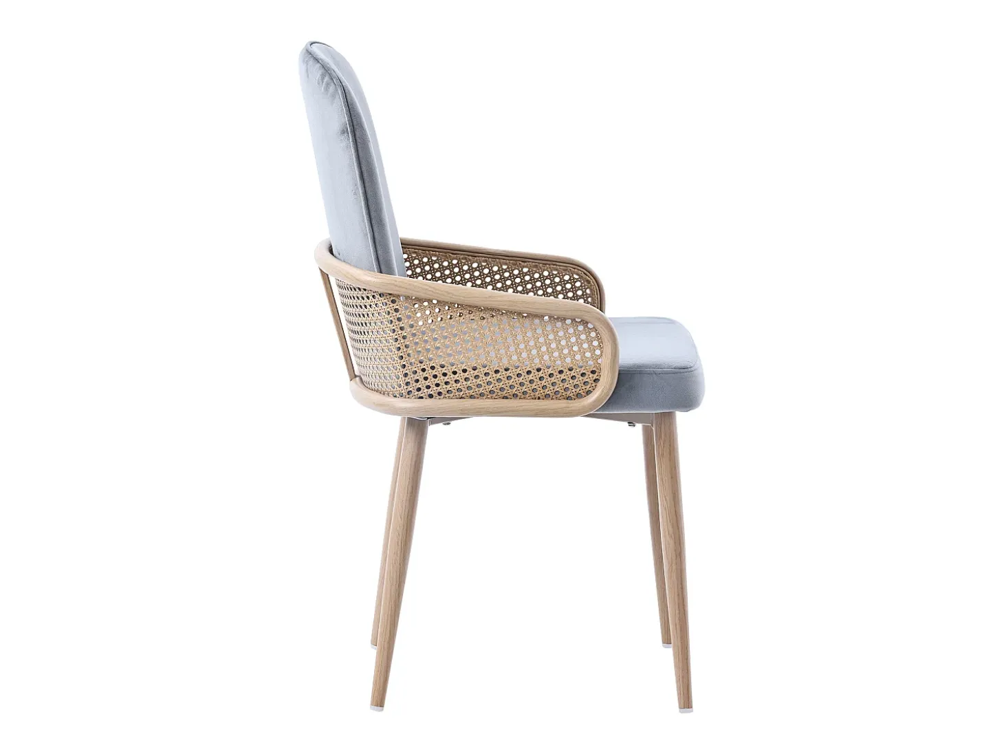 Conjunto de 6 sillas de terciopelo con patas de metal - Diseño de ratán - Gris y madera clara