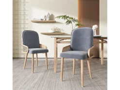 Conjunto de 6 sillas de terciopelo con patas de metal - Diseño de ratán - Gris y madera clara