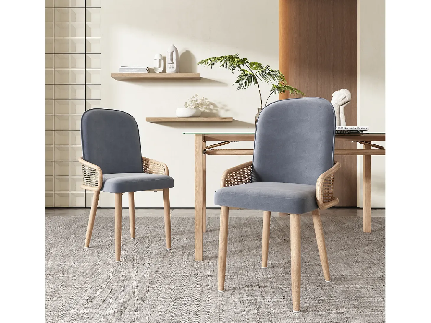 Conjunto de 6 sillas de terciopelo con patas de metal - Diseño de ratán - Gris y madera clara