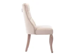 Conjunto de 6 sillas de terciopelo beige con patas de madera curvadas y botones decorativos.