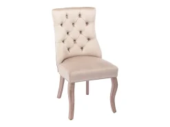Conjunto de 6 sillas de terciopelo beige con patas de madera curvadas y botones decorativos.
