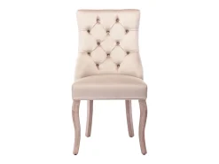 Conjunto de 6 sillas de terciopelo beige con patas de madera curvadas y botones decorativos.