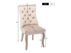 Conjunto de 6 sillas de terciopelo beige con patas de madera curvadas y botones decorativos.