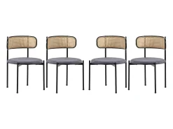 Conjunto de 4 sillas de terciopelo con respaldo de ratán y patas de metal negro - gris