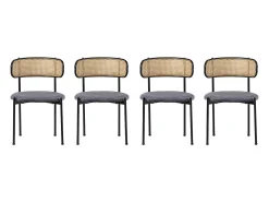 Conjunto de 4 sillas de terciopelo con respaldo de ratán y patas de metal negro - gris