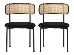 Conjunto de 2 sillas de terciopelo, respaldo de ratán y patas de metal negro - negro
