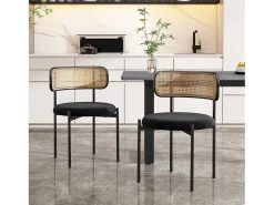 Conjunto de 2 sillas de terciopelo, respaldo de ratán y patas de metal negro - negro