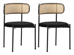 Conjunto de 2 sillas de terciopelo, respaldo de ratán y patas de metal negro - negro