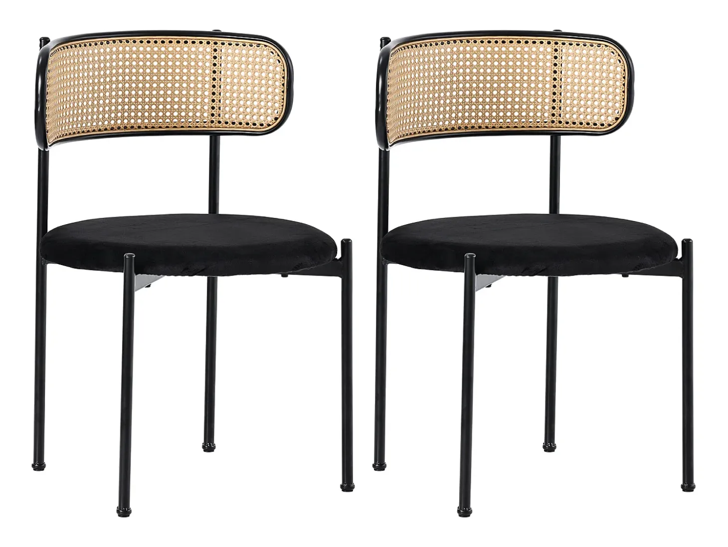 Conjunto de 2 sillas de terciopelo, respaldo de ratán y patas de metal negro - negro