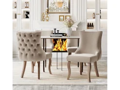 Conjunto de 4 sillas de terciopelo beige - Silla de 4 patas con costura de botones estructura de madera maciza para comedor - 91x50x49cm