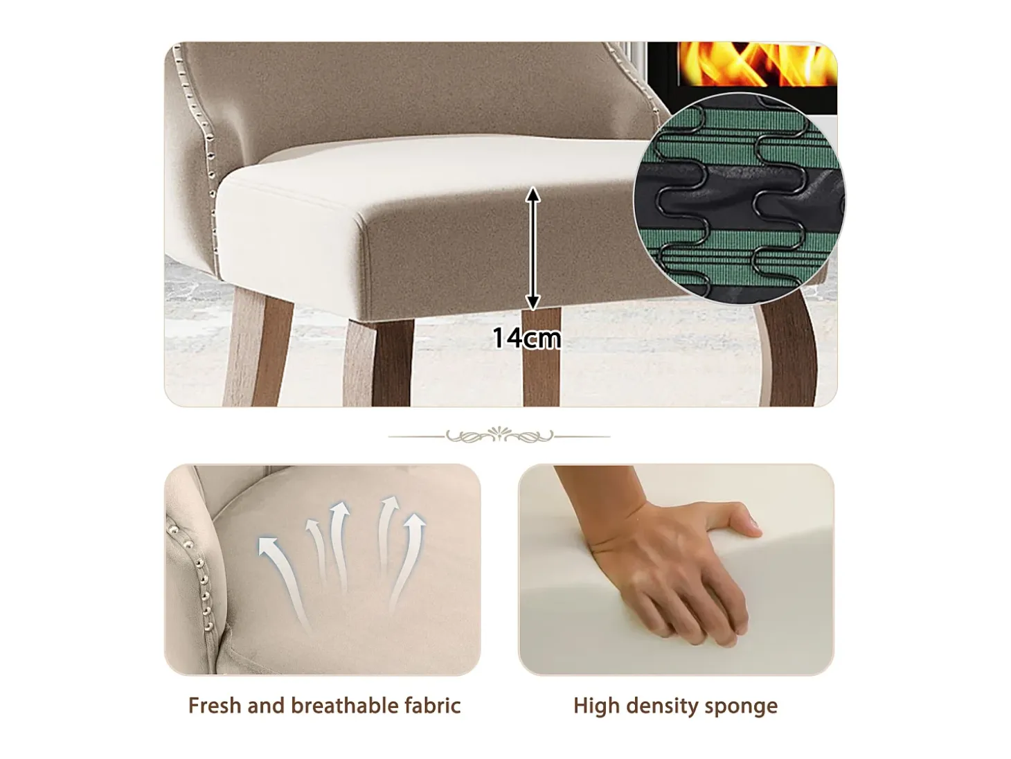 Conjunto de 4 sillas de terciopelo beige - Silla de 4 patas con costura de botones estructura de madera maciza para comedor - 91x50x49cm