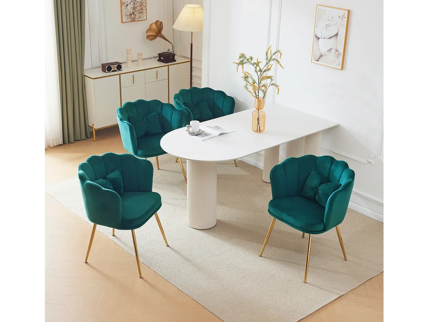 Conjunto de 6 sillas de terciopelo - 63 x 58 x 77 cm - Patas de metal niquelado y cojines mariposa - Verde