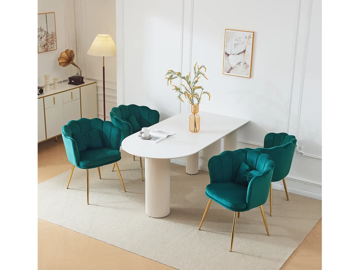 Conjunto de 6 sillas de terciopelo - 63 x 58 x 77 cm - Patas de metal niquelado y cojines mariposa - Verde