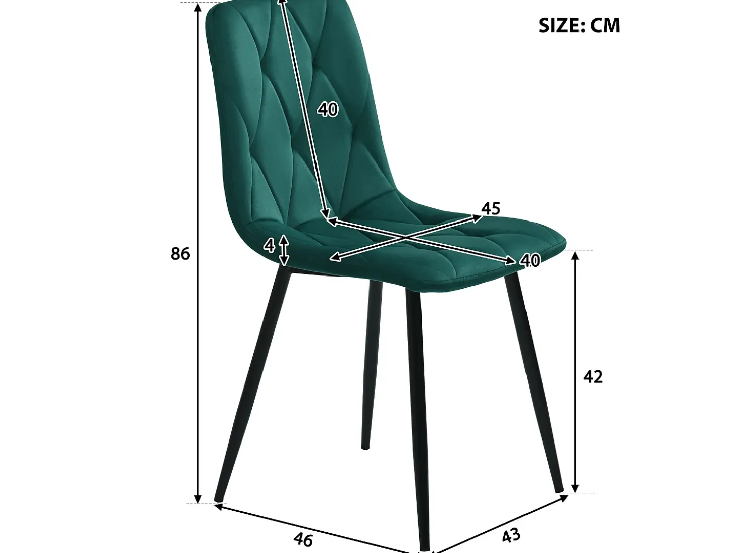 Conjunto de 4 sillas de terciopelo - estructura de metal - Motivo de rombos - verde