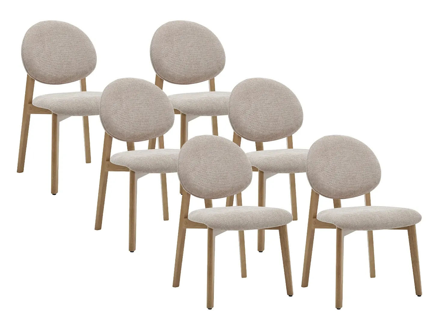 Conjunto de 6 sillas en tela texturizada y madera clara de hevea natural - Beige - MARLENI