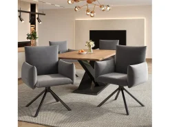 Conjunto de 4 sillas giratorias en terciopelo gris - Patas de metal - Para salón, dormitorio, oficina
