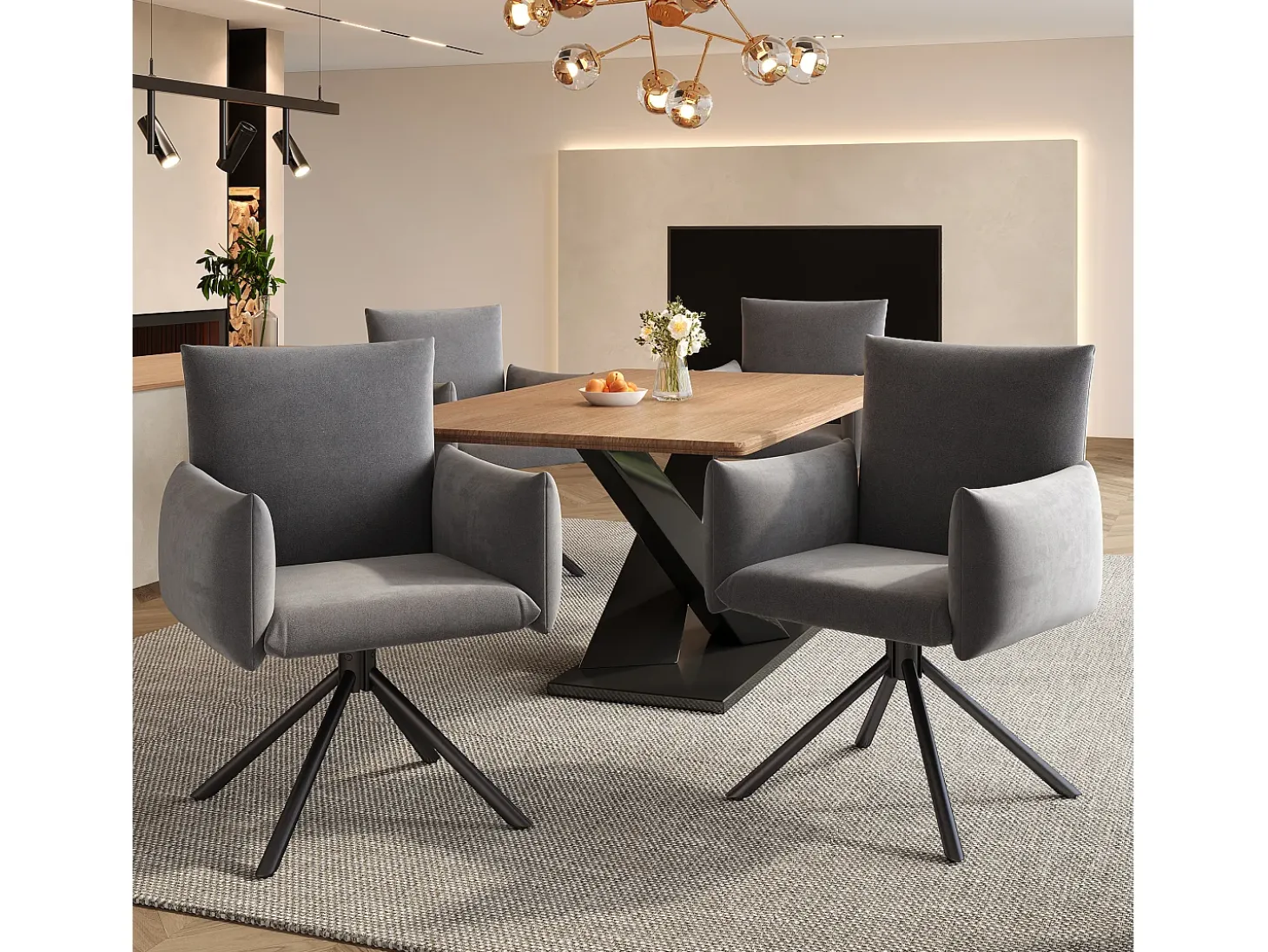 Conjunto de 4 sillas giratorias en terciopelo gris - Patas de metal - Para salón, dormitorio, oficina