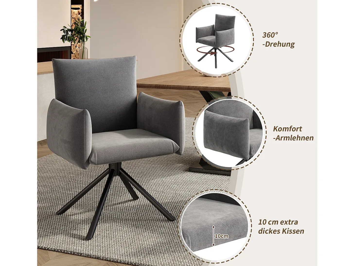 Conjunto de 4 sillas giratorias en terciopelo gris - Patas de metal - Para salón, dormitorio, oficina