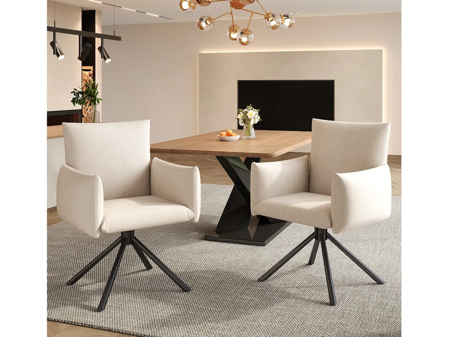 Conjunto de 6 sillas giratorias en terciopelo beige - Patas de metal - Para salón, dormitorio, oficina