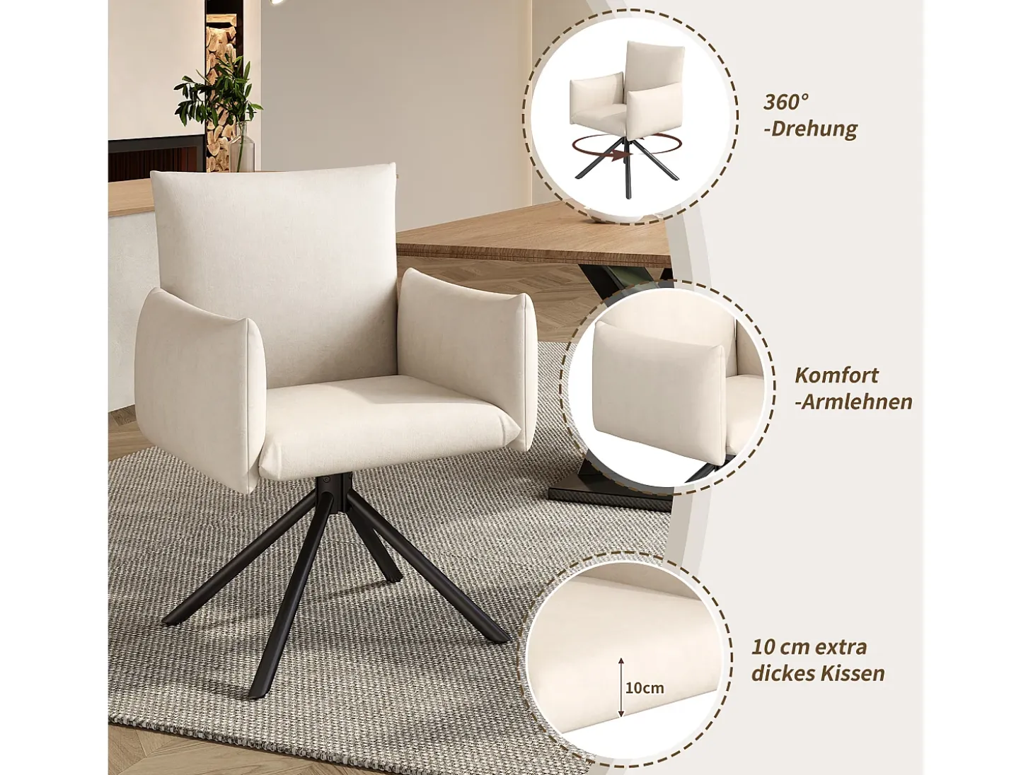 Conjunto de 6 sillas giratorias en terciopelo beige - Patas de metal - Para salón, dormitorio, oficina