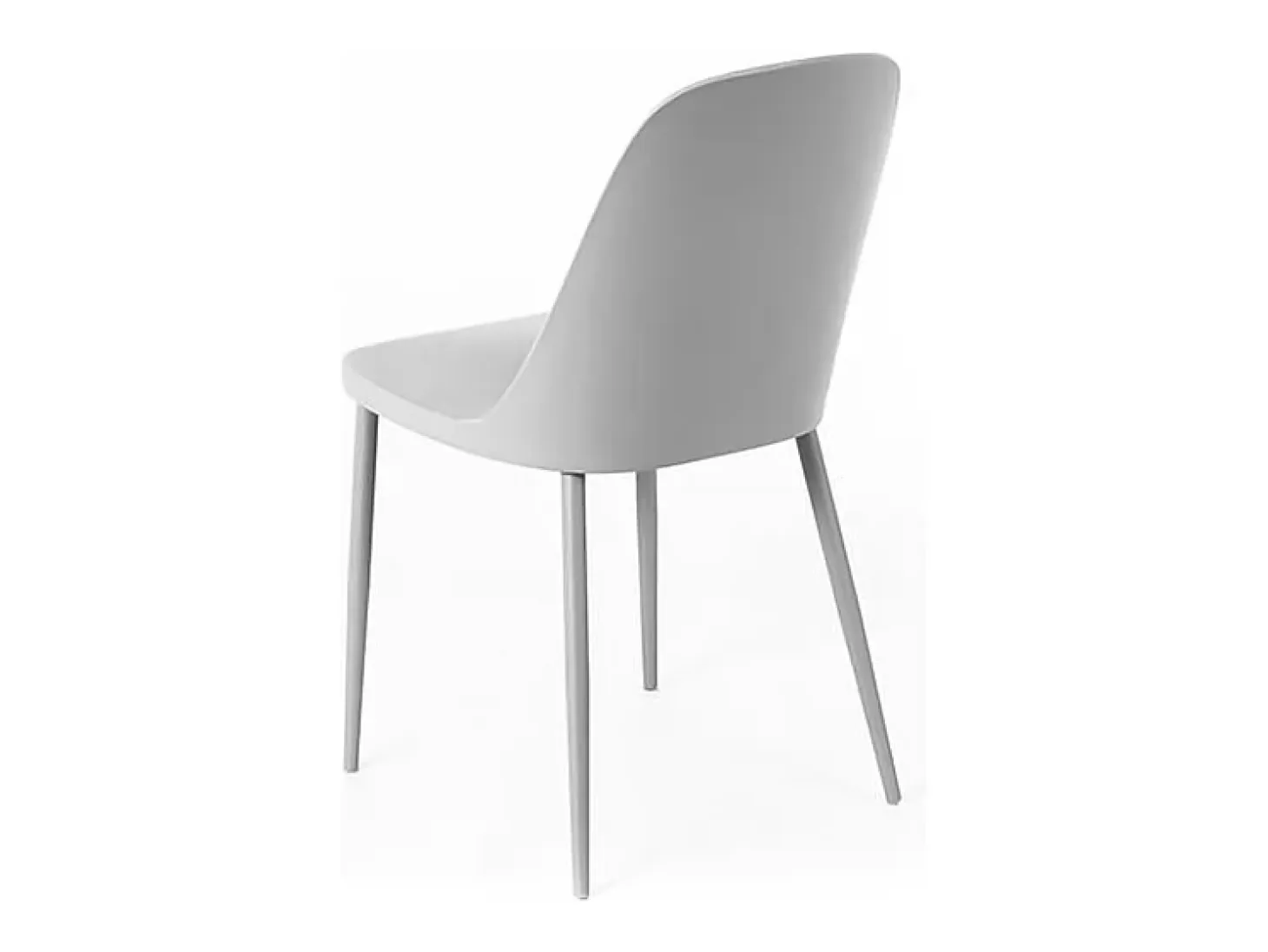Conjunto de 4 sillas modernas "Paola" en polipropileno gris claro con patas de metal pintado.