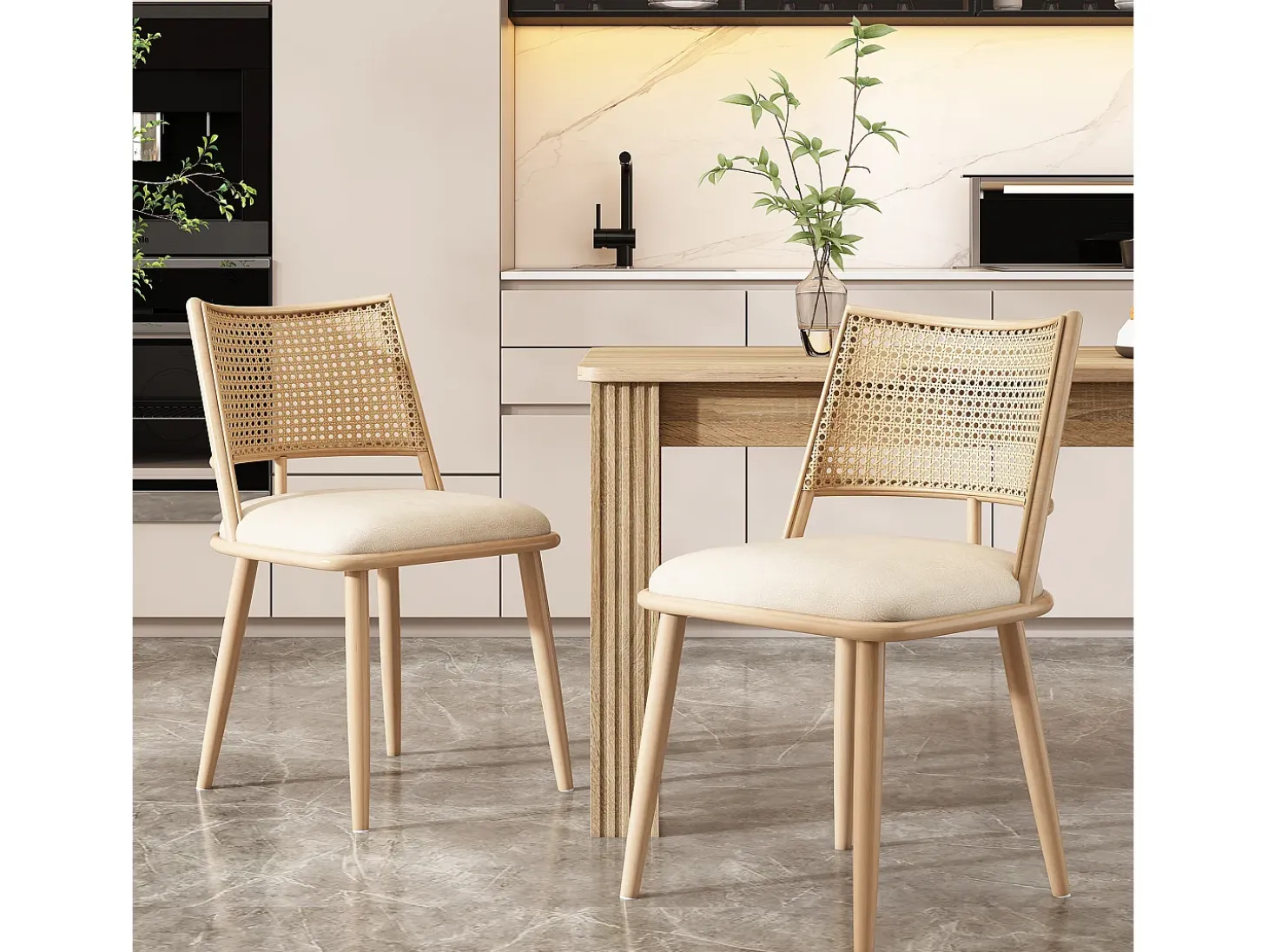 Conjunto de 6 sillones de ratán con asiento acolchado de PU, color beige