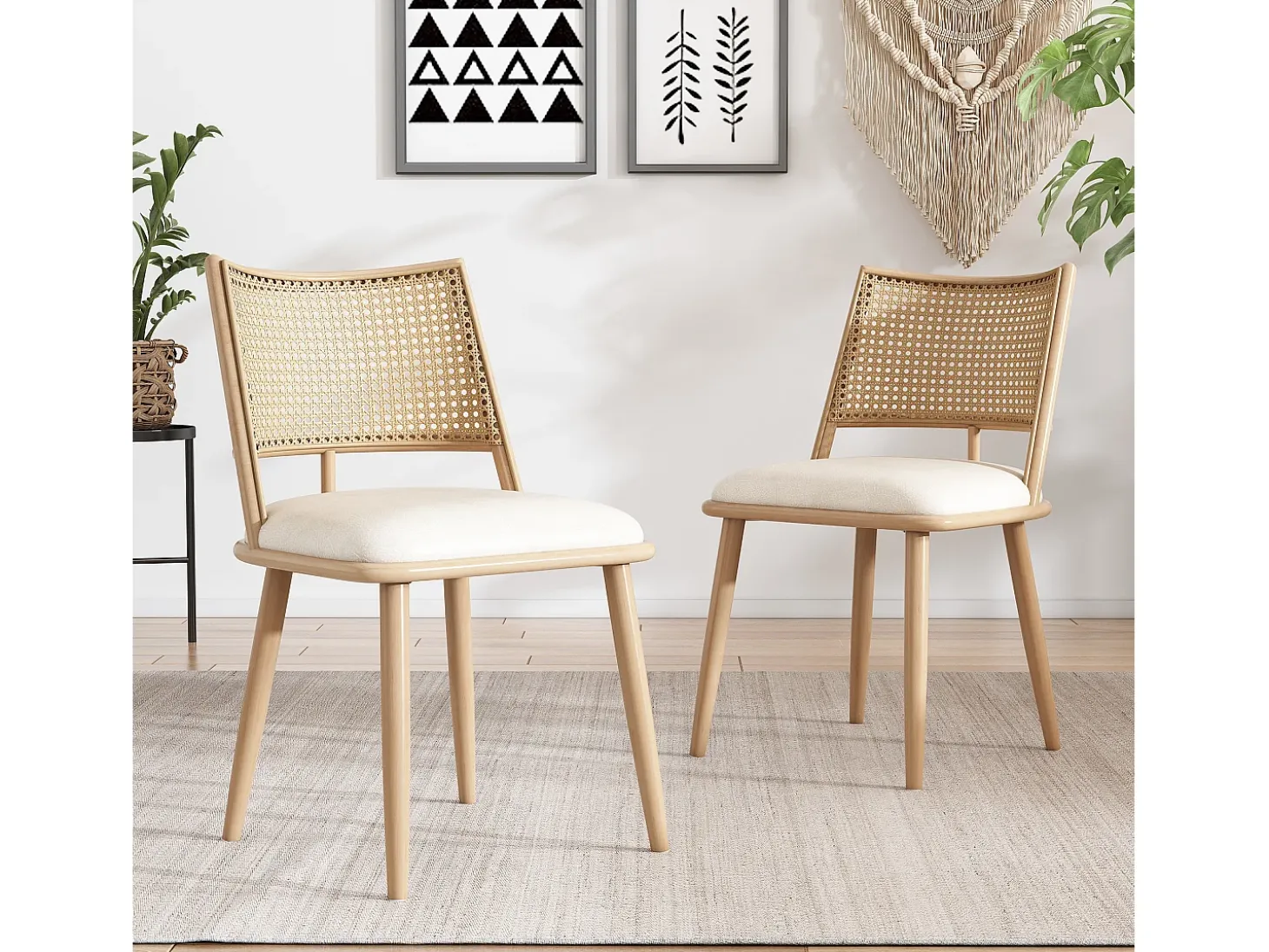Conjunto de 4 sillones de ratán con asiento acolchado de PU, color beige