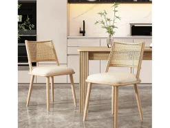 Conjunto de 2 sillones de ratán con asiento acolchado de PU, color beige