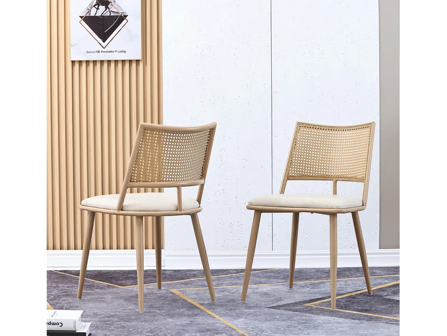 Conjunto de 2 sillones de ratán con asiento acolchado de PU, color beige