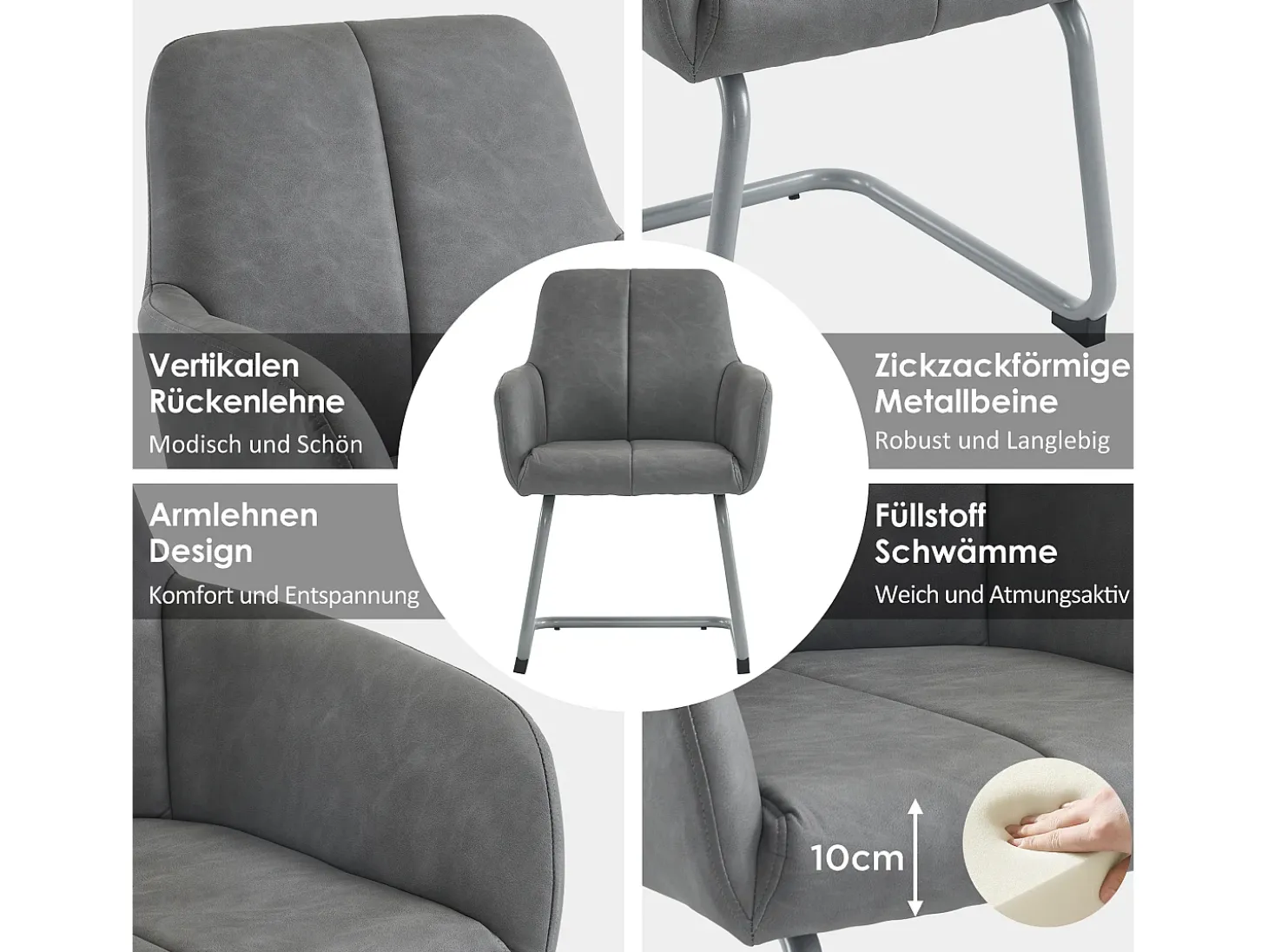 Conjunto de 6 sillones de cuero - 86 x 51 x 45 cm - con patas de acero arqueadas - gris